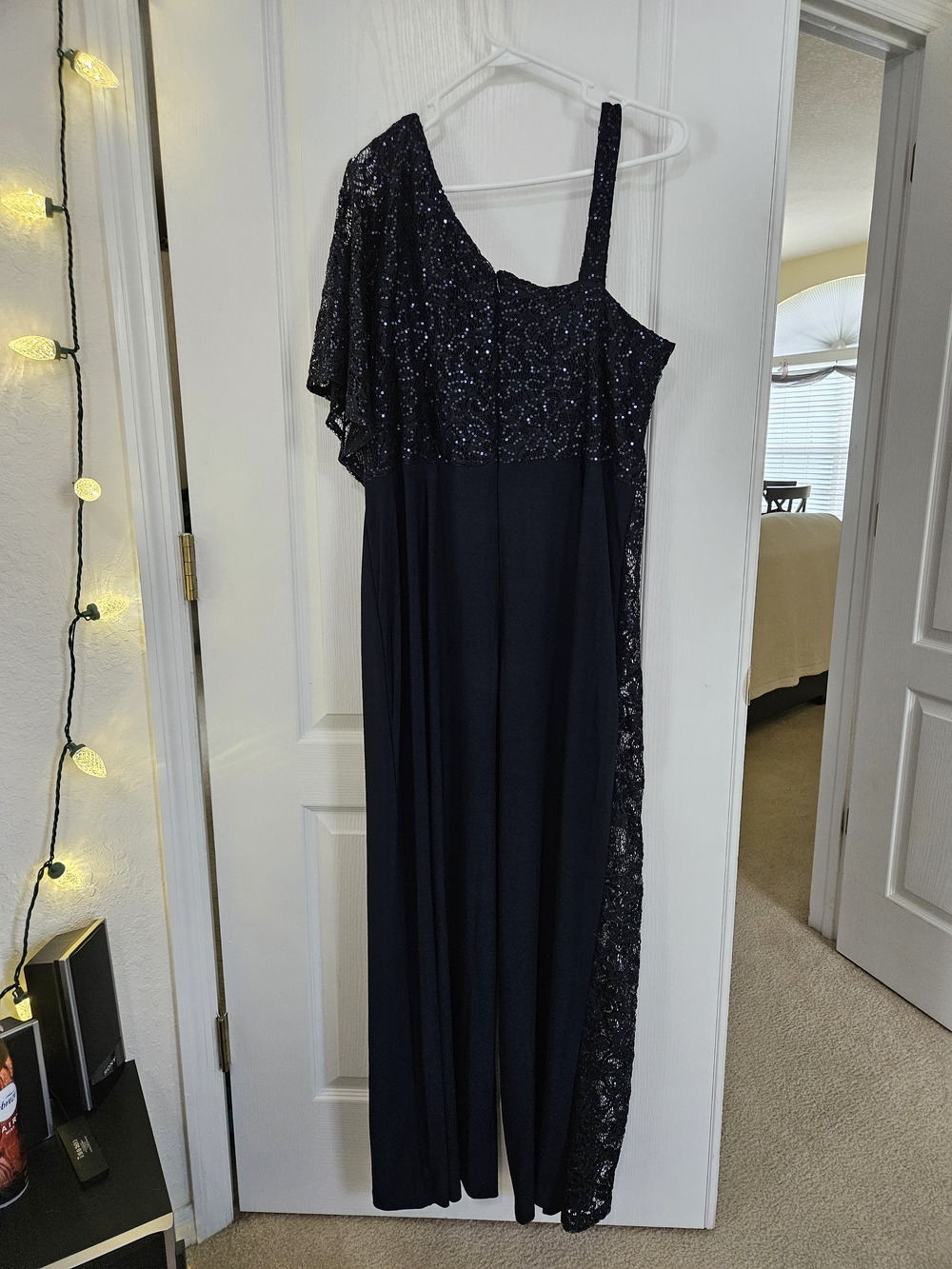 R&M Richards Navy One-Shoulder Sequin Jumpsuit